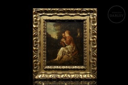Olio su tela; delicata scena di genere di ispirazi