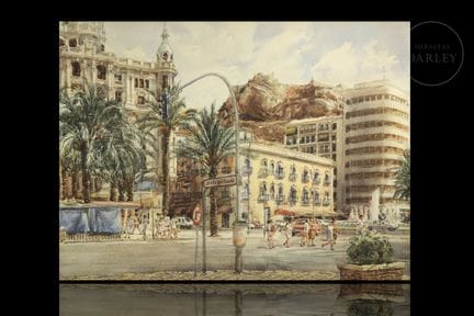 Acuarela sobre papel que recrea una animada panorá