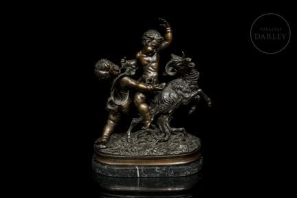 Skulpturengruppe aus patinierter Bronze auf einem 