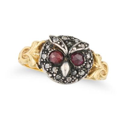 NO RESERVE - A RUBY AND DIAMOND OWL RING designed 