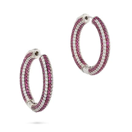 NO RESERVE - A PAIR OF DIAMOND AND RUBY HOOP EARRI