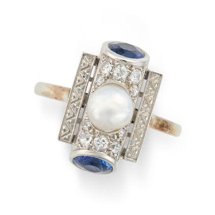 EINE ART-DECO-NATURPERLE, SAPHIR- UND DIAMANT-RING