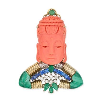 EINE VINTAGE-BUDDHA-BROSCHE AUS KORALLE, MALACHIT,