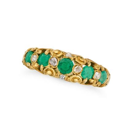 BAGUE ANTIQUE EN ÉMERAUDES ET DIAMANTS, XIXe SIÈCL