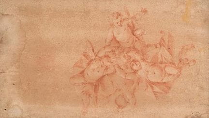 罗马画派，18世纪。正面：四位飞翔的小天使素描。背面：圣父素描。正面：四位飞翔的小天使素描。背面：圣