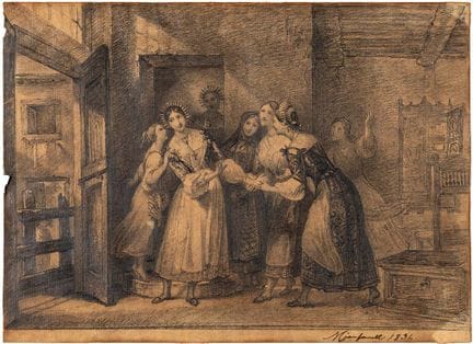 尼科拉·奇安法内利，《准备结婚的露西亚》习作，1834年。黑粉笔画于纸上，200 × 270 毫米—