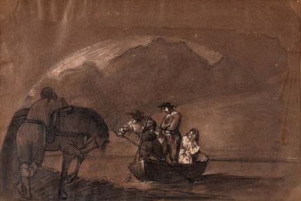 尼科拉·奇安法内利，《逃亡后的归来》草图，1834年。纸本黑粉笔与白粉笔，180 × 280 毫米—