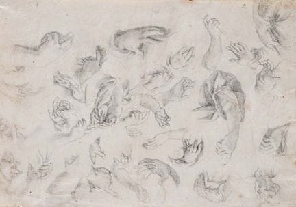 18世纪意大利画派，《手部习作》，黑色石粉画于纸上，210 × 290 毫米，带画框，30 × 38