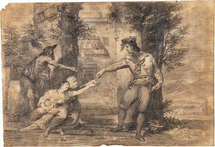 尼科拉·奇安法内利，《伦佐施舍》习作，1834年。黑粉笔画于纸上，200 × 280 毫米——含裱框