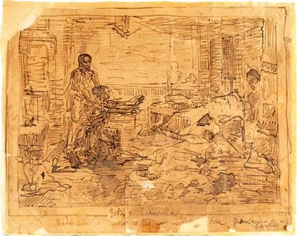 帕里德·帕斯库奇，《卡拉卡拉与盖塔》，纸本水墨，160 × 180 毫米
画面底部中央题写“盖塔与卡