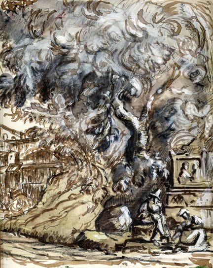 19世纪意大利画派。题为《古祭坛前的牧羊人》的习作。纸本钢笔、棕色墨水及白铅画。240×190毫米—