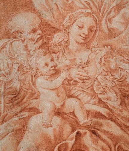 艾米利亚画派，18世纪，《圣家》，红石粉画于纸上，200x170毫米——带裱框，36x33厘米