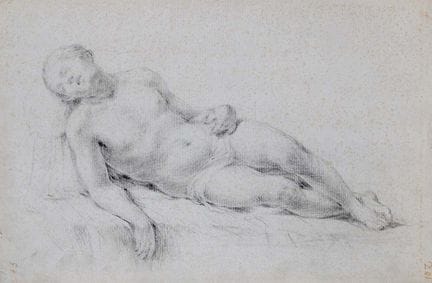 艾米利亚画派，18世纪。《仰卧男性裸体习作》。黑色石粉画于纸上，260 × 380 毫米。