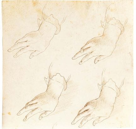 18世纪罗马画派，手部素描，纸本水墨，220 × 190 毫米