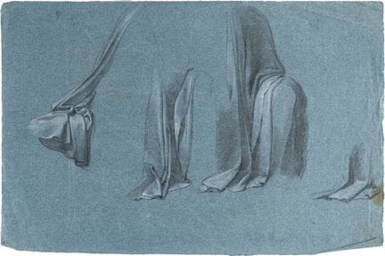 19世纪意大利画派，《帷幔习作》，《帷幔习作》，蓝色纸上用白色粉笔绘制于黑色石板上的立面图，290 