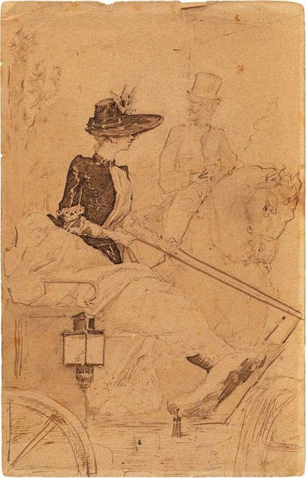 英国画派，19世纪，《马车中的人物》，纸本墨画，230 × 150 毫米