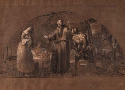 尼科拉·奇安法内利，《拉扎雷托的露西亚与克里斯托弗修士》草图，1834年。纸本黑粉笔与白粉笔，200
