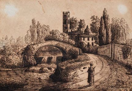 荷兰画派，18世纪，《湖景与行者》，《湖景与行者》，纸本水墨，130×180毫米——含裱框后尺寸为2