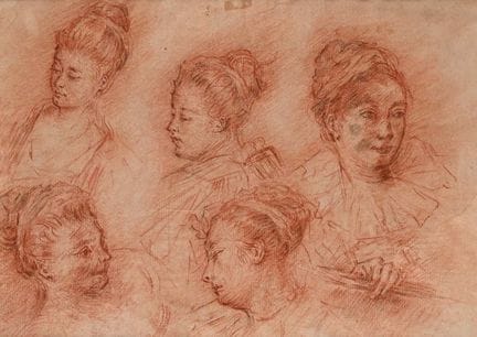 18世纪法国画派，《女性头像习作》，红石粉与黑石粉绘于纸上，280 × 400 毫米——装裱后尺寸 