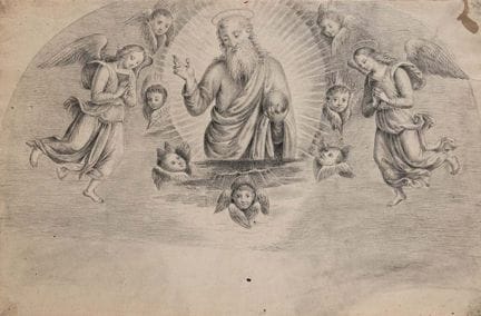 19世纪意大利画派。佩鲁吉诺作品《天父在天使、先知和西比尔女先知环绕下赐福》的习作。佩鲁吉诺作品《天