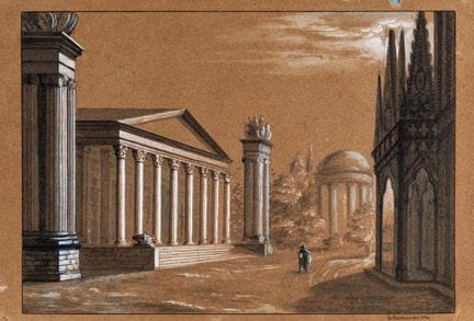 19世纪意大利画派，古典风景画，1834年。纸本，钢笔、水洗、墨水、黑粉笔，并以白色高光点缀，150