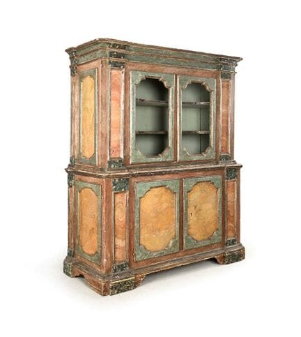 Two-piece wooden cabinet painted in faux marble, M