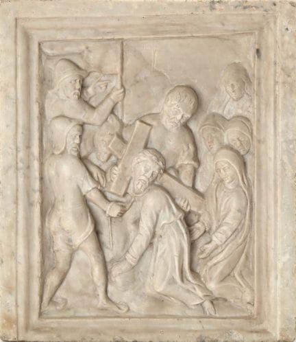 Quadangular white marble panel depicting a Station
