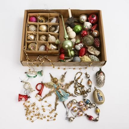 Assortment of Christmas tree ornaments with chains