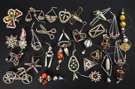 Assortment of Gablonz Christmas tree ornaments.  
