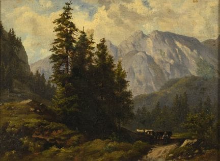 签名模糊：小幅山景 
 

 油画/画布。右下角签名模糊。 19世纪末。
 

 21 x 29 厘