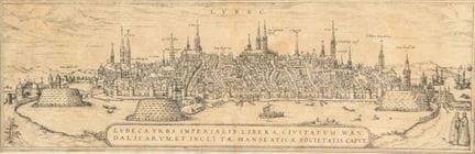 Vista de Lübeck 
 

 Grabado en cobre. 
 

 Recort