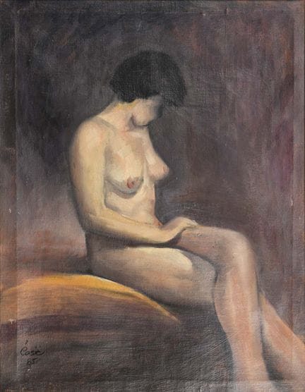 签名模糊：《坐姿女性裸体》 
 

 油画/画布。左下角有模糊的“Casic”签名。(19)85. 