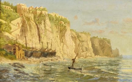 陡峭海岸与船只 
 

 油画/画布。未署名。约1900年。 
 

 29 x 47 厘米。 
装