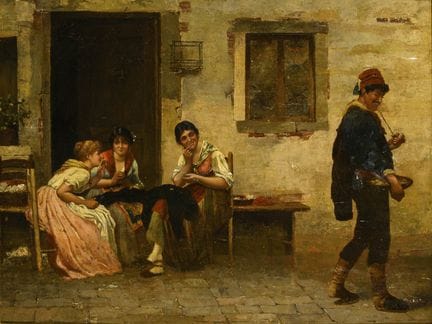 意大利画家：风俗画 
 

 油画/木板。未署名。约1900年。 
 

 44 x 58 厘米。
