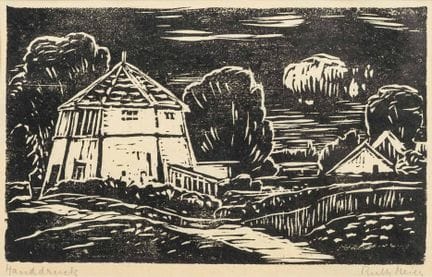 梅耶，露丝（1888—1965）  
 

 
水磨坊 
 

 木刻或油毡版画，手工印刷。右下角有