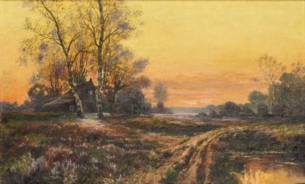 签名模糊：充满情调的傍晚风景画 
 

 油画/画布。左下角签名模糊。 约1900年。 
 

 5