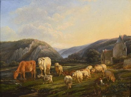 《傍晚风景与牛群》 
 

 油画/木板。未署名。19世纪。 
 

 26.5 × 35.5 厘米