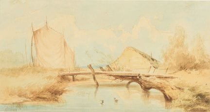 阳光下的沙丘景观 
 

 水彩画。未署名。 19世纪末。
 

 画框内画尺寸：15 x 27.5