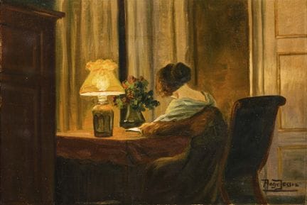 延森，阿格（1876—1961）  
 

 
《室内景：阅读的女士》 
 

 油画/画布。右下角