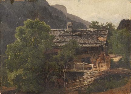 署名艺术家：一幅带有山间小屋的小风景画 
 

 油画/画板。右下角有模糊的署名，背面标注为“A. 