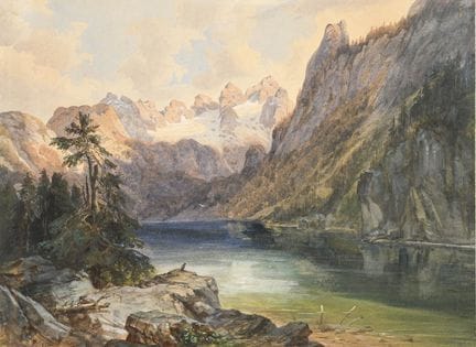 签名模糊：下戈绍湖与达赫施泰因山 
 

 水彩画。左下角签名模糊。1849年。 
 

 画框内画