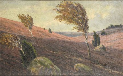 签名模糊：桦树点缀的荒原风景 
 

 油画/画布/硬纸板。右下角签名模糊。约1900年。 
 

