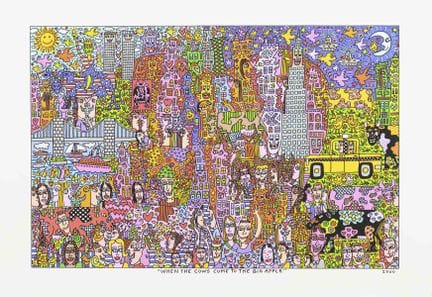里齐，詹姆斯（1950—2011）  

《当牛群来到大苹果城》 

彩色石版画。美国。版面标有标题