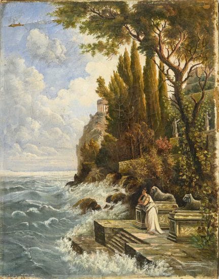 地中海沿岸风光，带有古建筑与装饰性人物
 

 油画/画布。未署名。约1900年。
 

 41.5