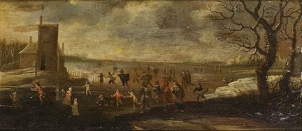 巴洛克风景画家：《冰上嬉戏》
 

 油画/木板。未署名，背面有模糊字迹“van der Nieut