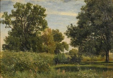 夏日风景 
 

 油画/画板。未署名，背面有模糊字迹。 约1900年。 
 

 24 x 34 