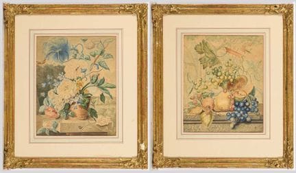 花卉与水果静物画 
 

 水彩画。右下角有艺术家缩写签名。1820年。 
 

 每幅画芯尺寸为3