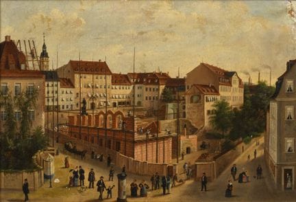 格拉市景，带市政厅塔楼 
 

 油画/画布。左下角有模糊的“Mengel”签名。1.9.(19)8
