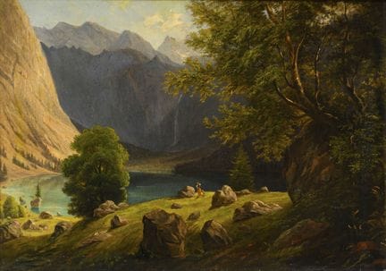 浪漫主义画派：充满情调的山景画，配有背景人物 
 

 油画/画布。未署名。19世纪。 
 

 5