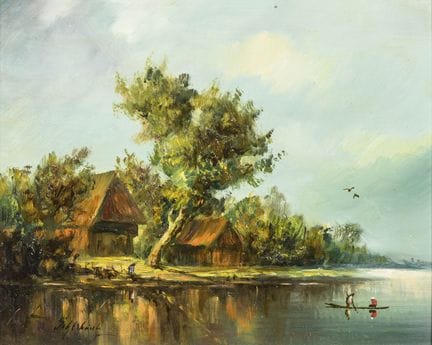 施莱布什，K.H.（生于1932年）  
 

 
带有背景人物的河流风景画 
 

 油画/硬质纤